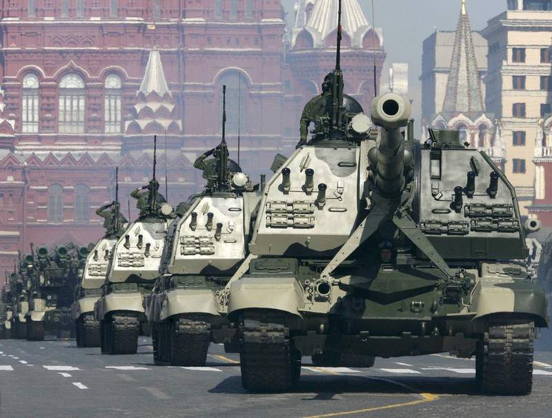 Military vehicles move along Red Square in Moscow during a Victory Day parade